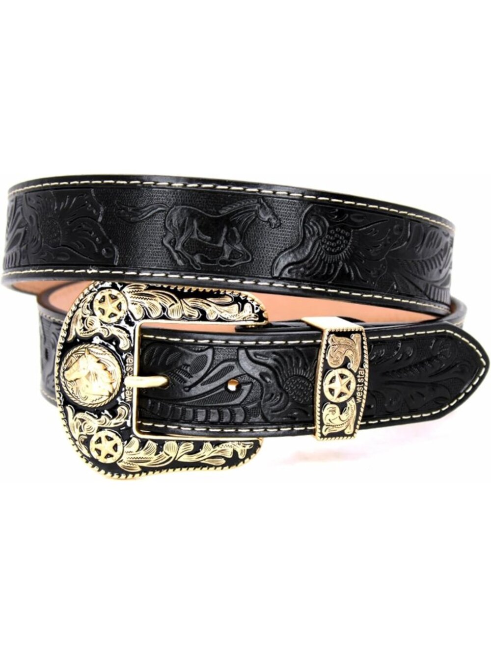Genuine Leather Western Cowboy Belt for Men - Engraved Buckle, Rodeo Style